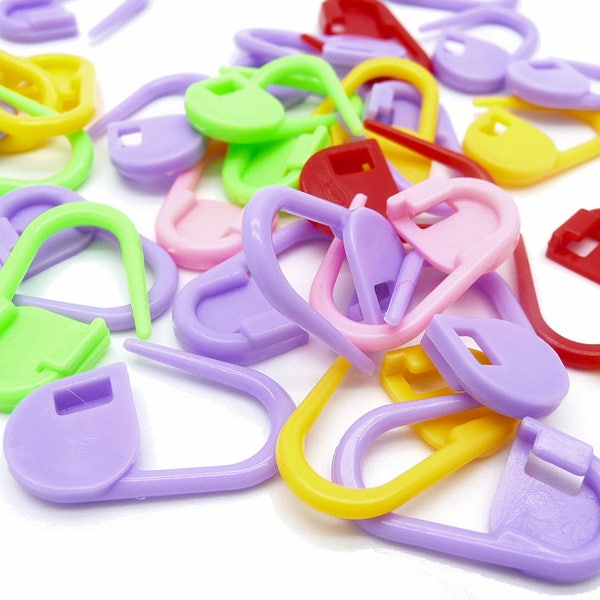 10  to 300 Locking Stitch Markers, Plastic Safety Pin Style Stitch Marker. Random Colors. Clip on Stitch Holders or Marker (by weight)