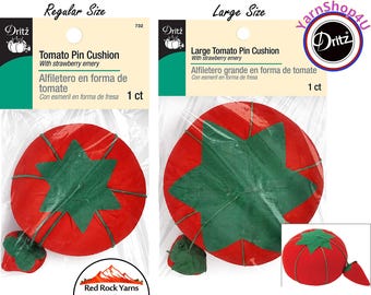 Tomato Pin Cushion with strawberry emery. Choose the Regular or Large size. Classic red color. Dritz 731 or 732 (regular has new packaging)