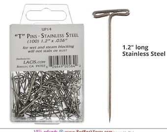 100 count 1.2" Stainless Steel T Pins For Wet or Steam Blocking; they will not stain or rust. USA. LACIS #UP14