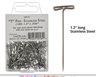 100 count 1.2" Stainless Steel T Pins For Wet or Steam Blocking; they will not stain or rust. USA. LACIS #UP14