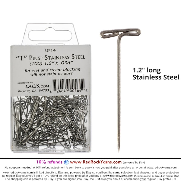 100 count 1.2" Stainless Steel T Pins For Wet or Steam Blocking; they will not stain or rust. USA. LACIS #UP14