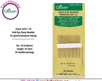 Gold Eye Sharps #237/10. Includes 20 needles. 33.3mm long (1.3") x .46mm. Short eyes for added strength. Clover #237/10