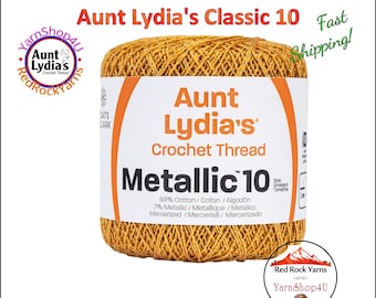 GOLD / GOLD Aunt Lydia's® Cotton Metallic Crochet Thread. 100 yards. Size 10 Lace. 88% Cotton and 12 percent Metallic. 154M-0090G