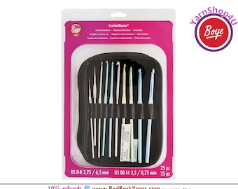 Boye Crochet Master 24 pc Crochet Hook Set with Holder. Pink Zipper Case Lays flat. Includes Sizes D-K Aluminum Hooks and 00-14 Steel Hooks