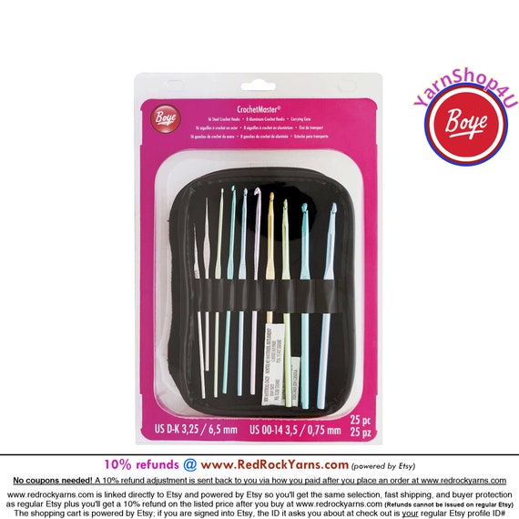 Boye Crochet Master 24 Pc Crochet Hook Set With Holder. Pink Zipper Case  Lays Flat. Includes Sizes D-K Aluminum Hooks and 00-14 Steel Hooks 