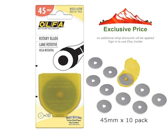 10 pack! OLFA 45mm Rotary Blades. #RB45-10. Lowest price. No additional item price discounts can be applied. Sign in to use Etsy Insider.