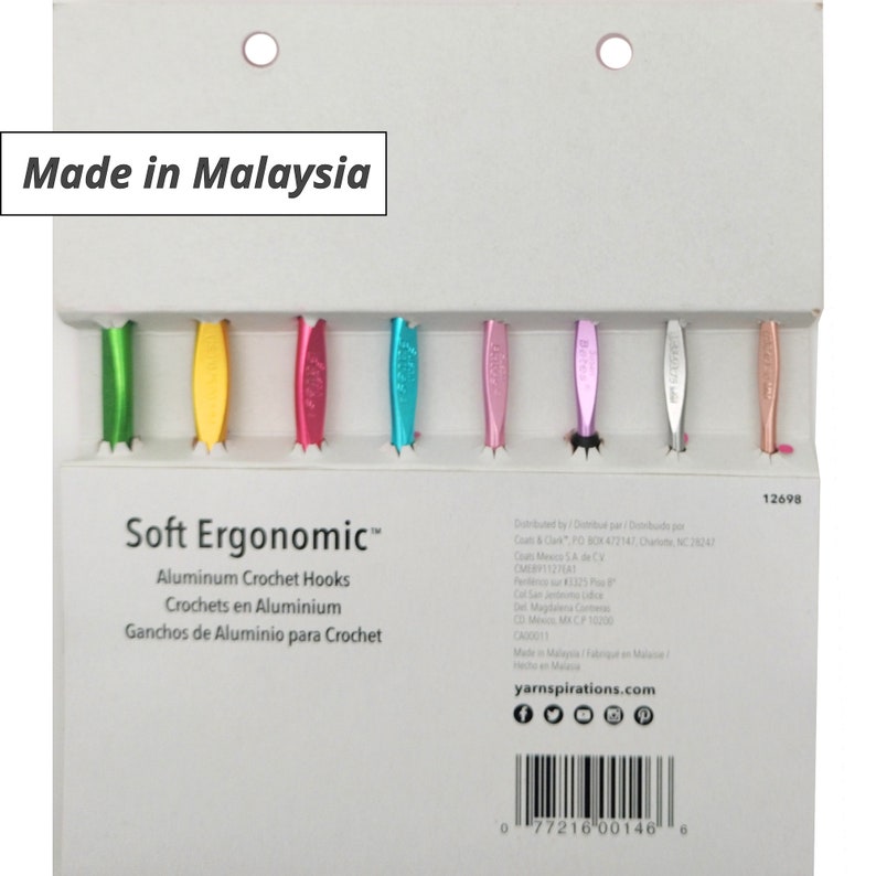May include: A package of Soft Ergonomic aluminum crochet hooks in various colors, including green, yellow, pink, and blue. The text "Made in Malaysia" is visible. The package also includes text in French and Spanish.