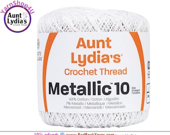 WHITE / PEARL Aunt Lydia's® Cotton Metallic Crochet Thread. 100 yards. Size 10 Lace. 88% Cotton and 12 percent Metallic. 154M-0001P