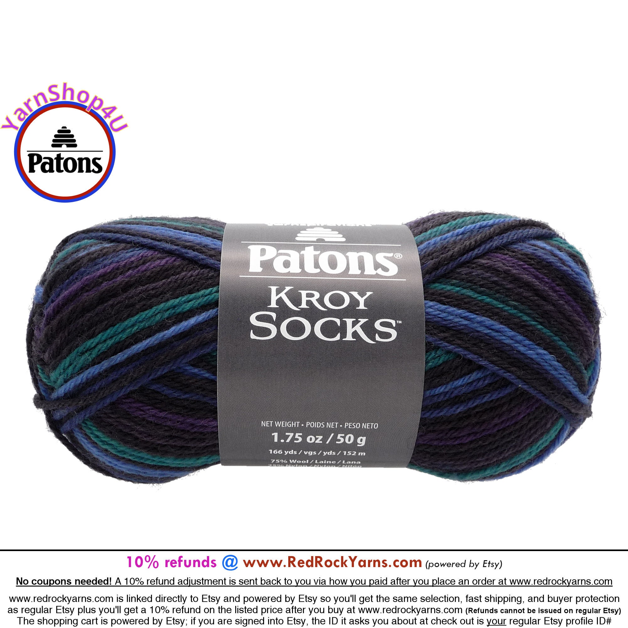 CASCADE COLORS - Patons Kroy Socks FX Yarn is 1.75oz, 166yds Super Fine  Weight (1) Sock Yarn. A Blend of 75/25% Wool/Nylon (50g