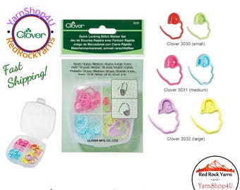 Quick Locking Stitch Marker Set. 36 pieces in 3 sizes. Safety pin style markers in a handy case: 10 Small, 20 Medium, 6 Large. Clover 3033