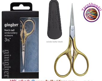Gingher Lion's Tail Embroidery Scissors w/ sheath 3.5" Slender straight blades with stunning gold double plated handles. Made in Italy