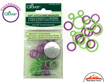 Clover Stitch Markers 30 pieces: 10 Small and 20 Large Flexible markers in a Vinyl Pouch, Closed Ring Stitch Markers. #3107