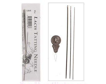 Tatting Needle Set in 3 sizes with threader. This Lacis set includes needles in sizes 7, 5, and 3
