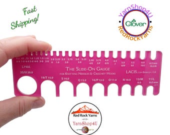 The Slide On Gauge by LACIS for Knitting Needles & Crochet Hooks! Made in USA. Acrylic. Fuchsia color.