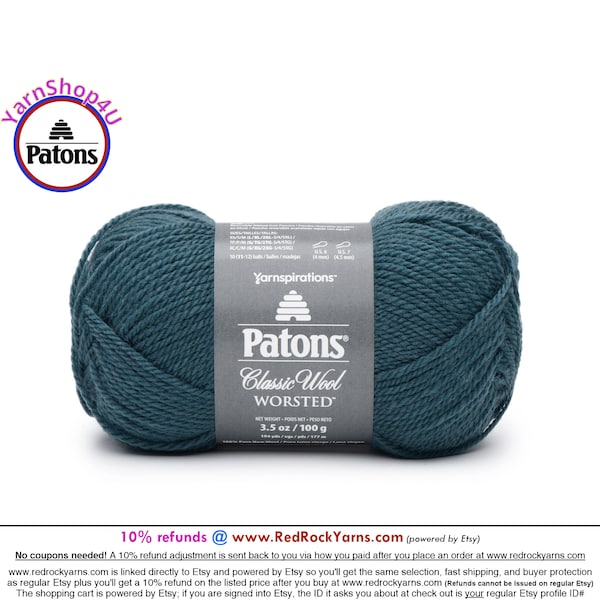 RICH TEAL - Patons Classic Wool Worsted Yarn Medium Weight (4). 100% wool yarn. 3.5oz | 194 yards (100g | 177m)