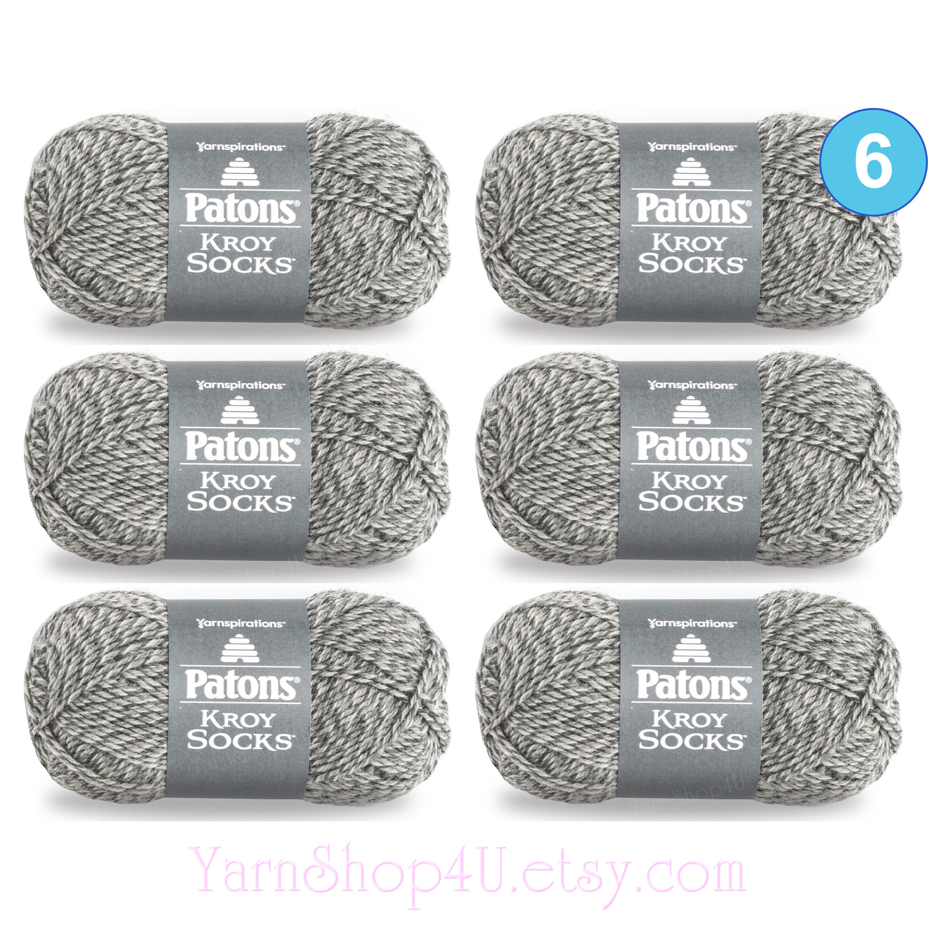 GRAY MARL 6 pack! Patons Kroy Sock Yarn. Fine Wool Blend Sock Yarn in a