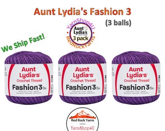 PURPLE Fashion 3 Size Aunt Lydia Crochet Thread. One 3 Pack of Aunt Lydia's Fashion 3 Crochet Thread. 3 balls/150yds each. Item #182.0531