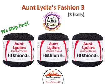 BLACK Fashion 3 Size Aunt Lydia Crochet Thread. One 3 Pack of Aunt Lydia's Fashion 3 Crochet Thread. 3 balls/150yds each. Item #182.0012