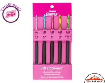 G to K 5pc Soft Ergonomic crochet hooks. G-K Susan Bates Silvalume 6.25" with an aluminum in-line head and round soft handles. #12696