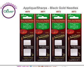 Clover Black Gold Quilting Needles. 20 total in sizes 9, 10, 12 or an assortment of all 3 sizes. Clover 4980, 4981, 4982, 4983