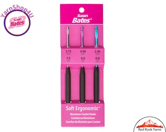 F G H Soft Ergonomic crochet hooks (3pc set F-H). Susan Bates Silvalume 6.25" with an aluminum in-line head and round soft handles. #12693