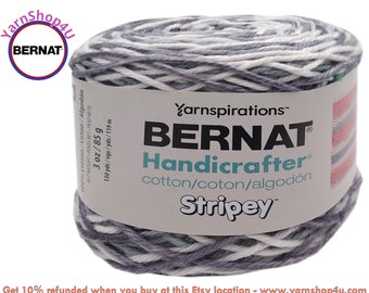 FLANNEL - Self Striping Cotton Yarn. Bernat Handicrafter Cotton Stripey is 130 yards / 3 oz (85g/119m). Medium Worsted #4. Color #15002