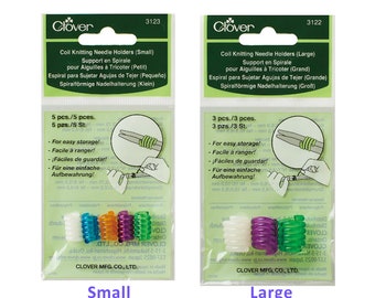 CLOVER COIL Needle Holders in Sizes S & L. Small 5/pk Single Points 2 to 9 (DPNs 0 to 6). Large 3/pk Single Points 10 to 15 (DPNs 7 to 10.5)