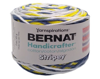 MUSTARD BLUE - Self Striping Cotton Yarn. Bernat Handicrafter Cotton Stripey is 130 yards / 3 oz (85g/119m). Medium Worsted #4. Color #15006