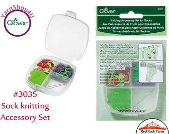 Knitting Accessory Set for Socks. Includes 2 types of stitch markers (30 total), 2 DPN protectors, and 2 darning needles. Clover 3035