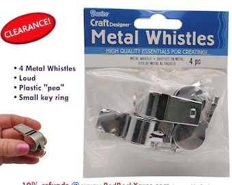 SALE! Metal Whistles. 4 per package. They have a small, thin split key ring and a plastic pea noise maker. Darice.