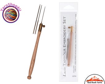 Lacis Tambour Embroidery Set. Wood Handle. Brass needle grip. 3 Needles: #70 (fine), #90 (medium), #120 (large). LB34