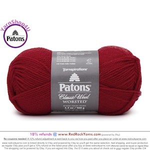 BRIGHT RED - Patons Classic Wool Worsted Yarn Medium Weight (4). 100% wool yarn. 3.5oz | 194 yards (100g | 177m)
