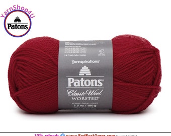 BRIGHT RED - Patons Classic Wool Worsted Yarn Medium Weight (4). 100% wool yarn. 3.5oz | 194 yards (100g | 177m)