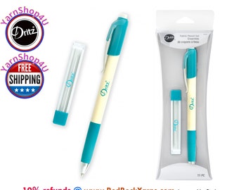 White Dritz Mechanical Fabric Pencil Set & Refills. Includes 1 soft grip pen, 10 ceramic leads, 1 storage tube. Dritz #3107