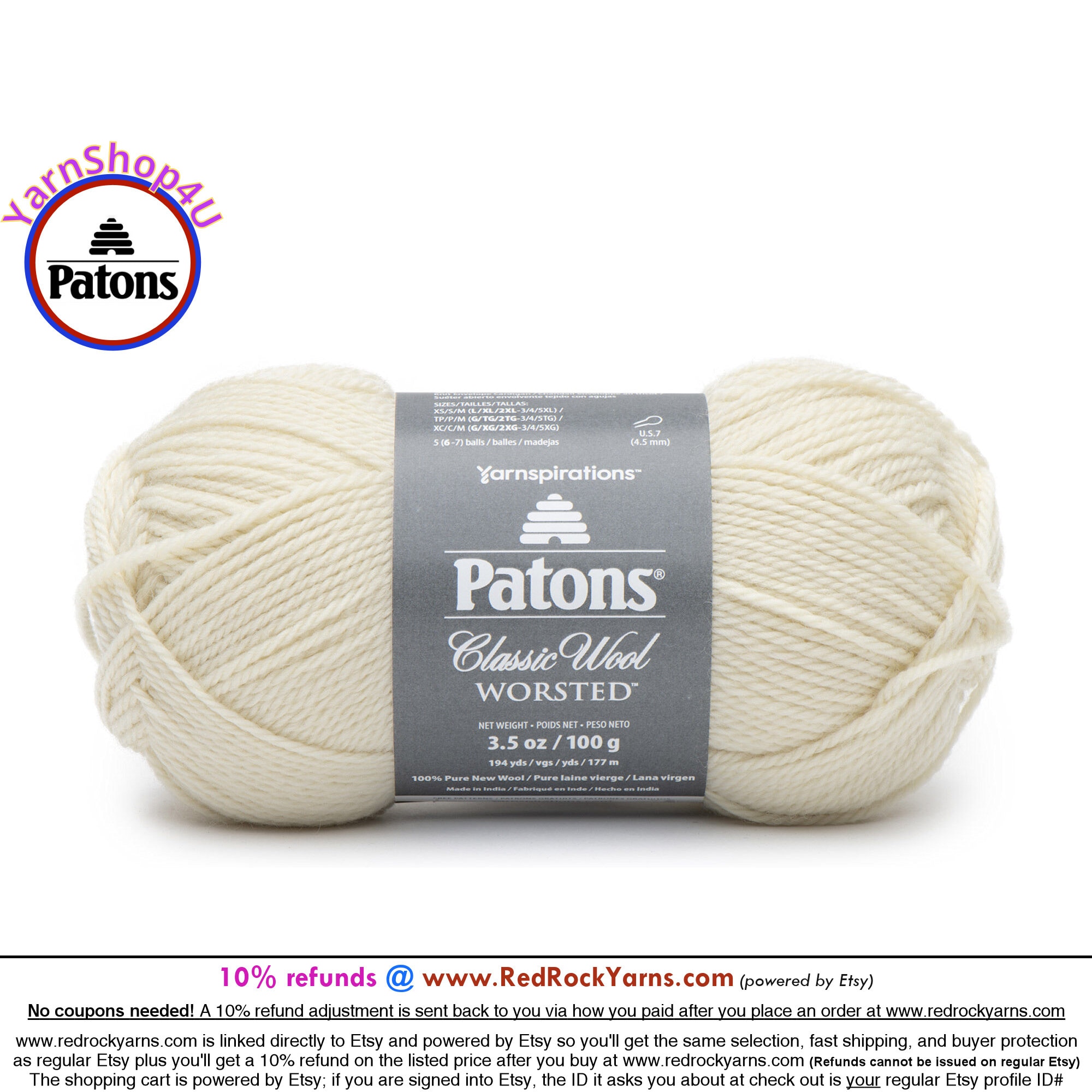 PANSY - Patons Classic Wool Worsted Yarn Medium Weight (4). 100