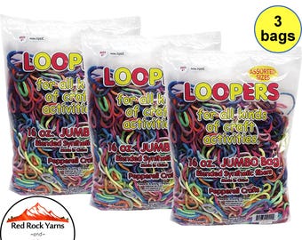 3 Bags! LOOPERS in ASSORTED Sizes & Colors. For crafts not intended for professional use. 16 oz Bags. Synthetic Blend.