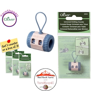 May include: A Clover universal knitting counter, in a light pink and blue color scheme. The counter has a loop for attaching to needles and displays numbers. The image also shows the packaging and a promotional note.