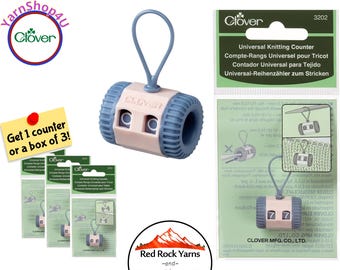 Clover Universal Knitting Counter. Manual Row Counter swivels and slips on needles or hooks. Turn dial to track up to 99 rows. SKU 3202