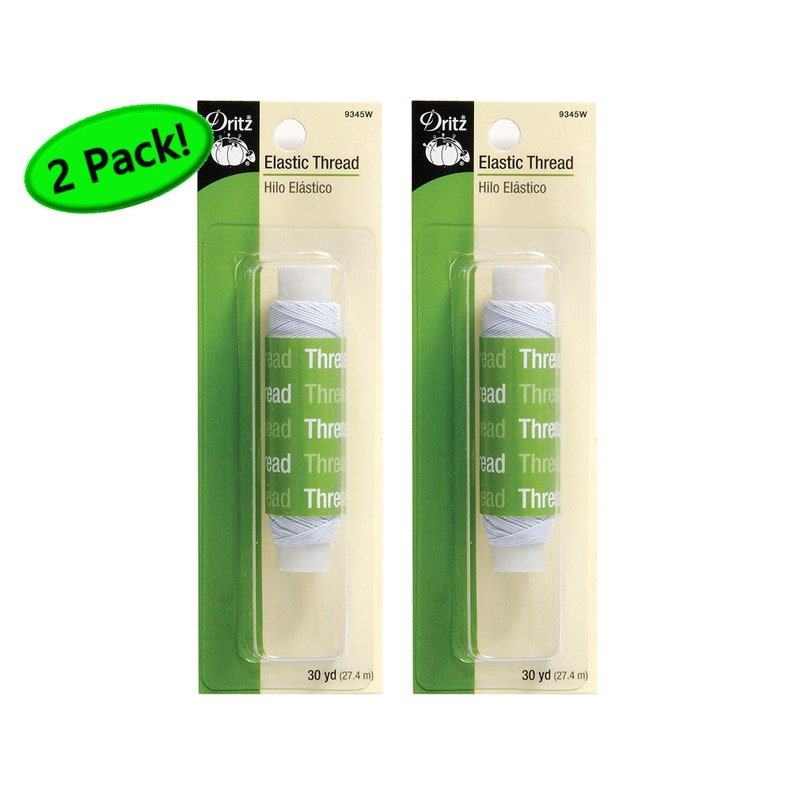 May include: Two packages of Dritz elastic thread, each containing a spool of white thread. The packaging is cream and green with the text Elastic Thread, Hilo El&aacute;stico, and 30 yd (27.4 m) printed on the front. A green oval badge reads 2 Pack!.