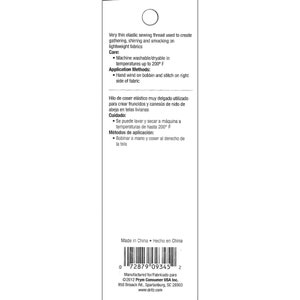 May include: A white rectangular product packaging card featuring black text. The label describes very thin elastic sewing thread for gathering, shirring, and smocking on lightweight fabrics. It includes care instructions for machine washing and drying up to 200 degrees Fahrenheit, application methods, a barcode, and manufacturer details.