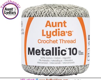 SILVER / SILVER Aunt Lydia's® Cotton Metallic Crochet Thread. 100 yards. Size 10 Lace. 88% Cotton and 12 percent Metallic. 154M-0410S