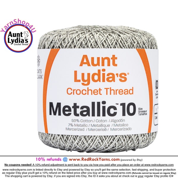 SILVER / SILVER Aunt Lydia's® Cotton Metallic Crochet Thread. 100 yards. Size 10 Lace. 88% Cotton and 12 percent Metallic. 154M-0410S