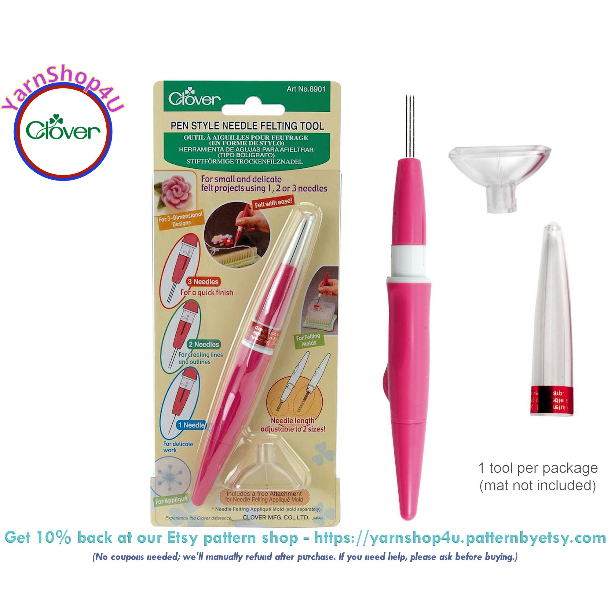 Clover Pen Style Needle Felting Tool. Use 3, 2 or 1 needle for small and delicate projects and