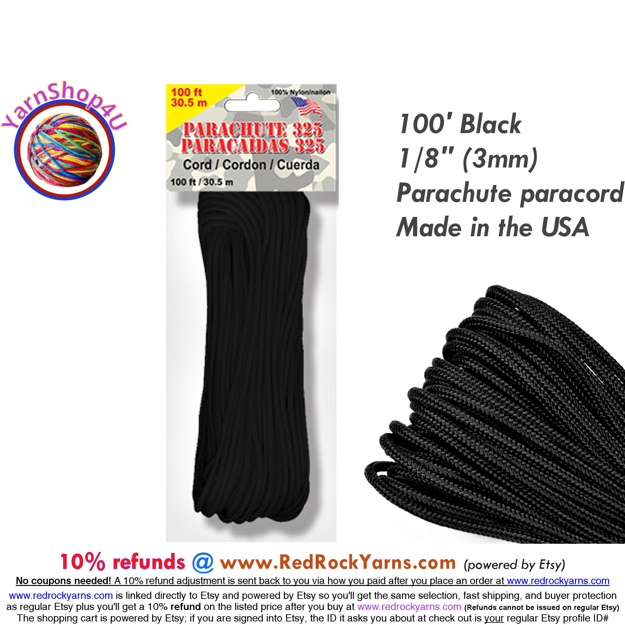 CLEARANCE! 100' Black 325 Paracord. Soft nylon parachute cord is made in  the USA by Pepperell. It is good for crafts. PARA32510024