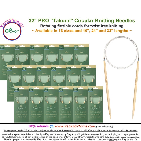 Clover PRO 32 inch Takumi Bamboo Circular Knitting Needles. [32" (80cm)] Bamboo Knitting Needles. (Also sold in 16" and 24" cords)