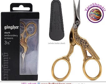 Gingher Stork Embroidery Scissors w/ sheath - 3.5" Slender straight blades with stunning gold double plated stork handles. Made in Italy