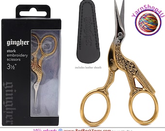 Gingher Stork Embroidery Scissors w/ sheath -3.5" Slender straight blades with stunning gold double plated stork handles. Made in Italy