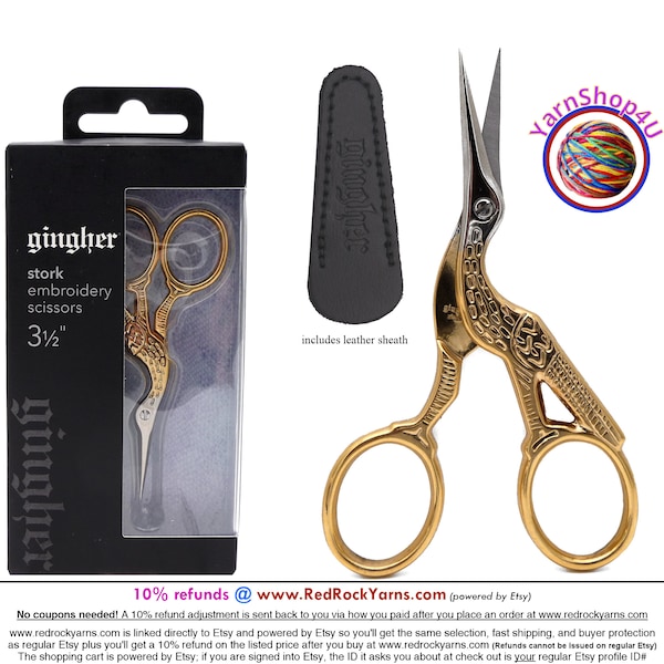 Gingher Stork Embroidery Scissors w/ sheath -3.5" Slender straight blades with stunning gold double plated stork handles. Made in Italy