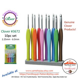 10pc Set Clover Amour Crochet Hook Set. Genuine Clover product! Aluminum head Clover crochet hook set w Comfort Grip Handles. Clover #3672