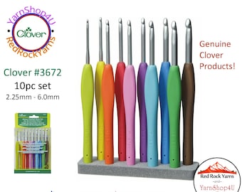 10pc Set Clover Amour Crochet Hook Set. Genuine Clover product! Aluminum head Clover crochet hook set w Comfort Grip Handles. Clover #3672